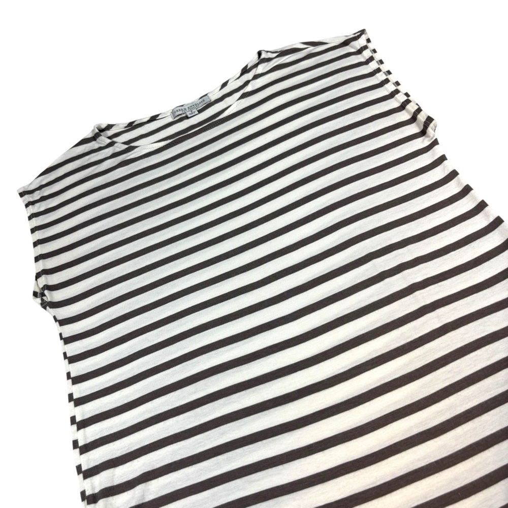 GREEN ENVELOPE Timeless Classic Top Brown Stripe Shirt Cap Sleeve USA Minimalism - Picture 4 of 11